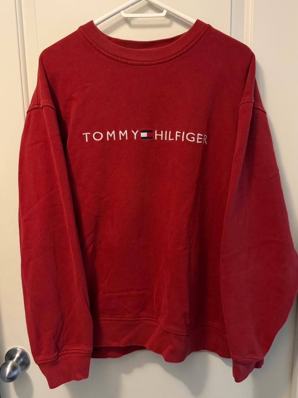 Tommy Hilfiger Men’s Red Crewneck Sweatshirt with Embroidered Logo